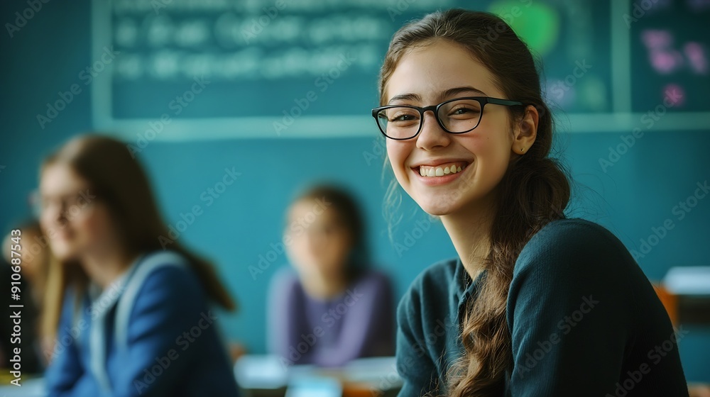 Poster portrait teacher and students in classroom for lesson learning and studying in high school woman smi