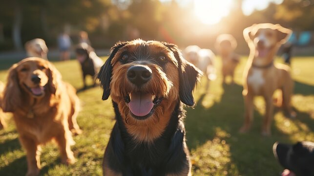 Close up shot of a group of dogs at the walk posing for a photo on a beautiful day Pets walkers service : Generative AI