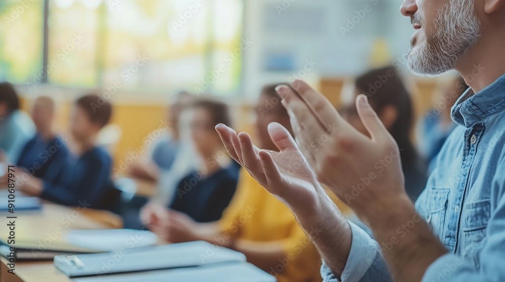Poster teacher man and student hands and question in classroom for teaching learning and education with ans