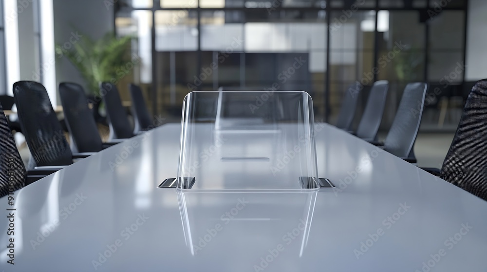 Poster video conference meeting room with clear acrylic sheet separates the center on the conference table 