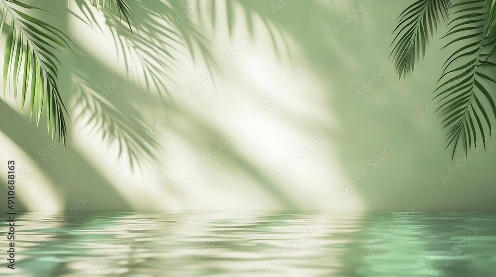 Poster summer background water surface texture on green wall studio with light shadow palm leavesbackdrop p