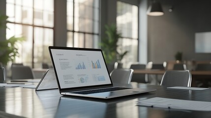 Mock up sales summary slide show presentation on display laptop with notebook on table in meeting room : Generative AI