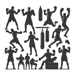 Man doing boxing moves exercise. Jab Cross Hook and Uppercut movement. Shadow boxing. Flat vector illustration isolated on white background, Boxing Silhouettes 