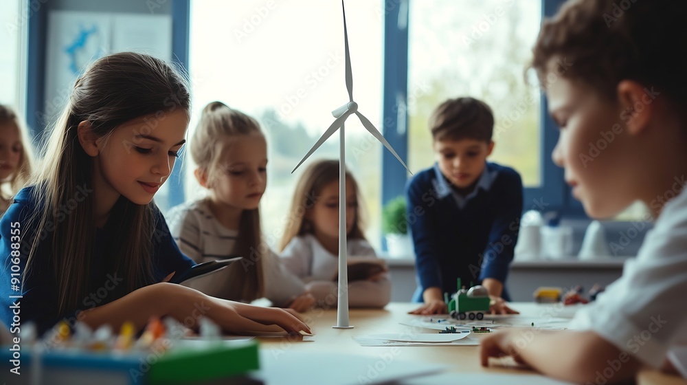 Poster Primary Or Elementary School Class With Teacher And Model Wind Turbine Learning About Environment : Generative AI