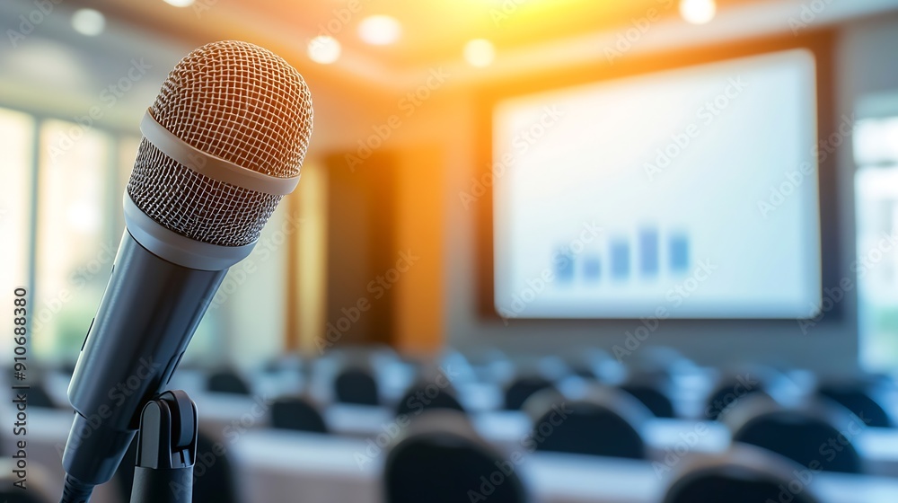 Poster Close up Microphone with presentation slide show on projector screen background in meeting room : Generative AI