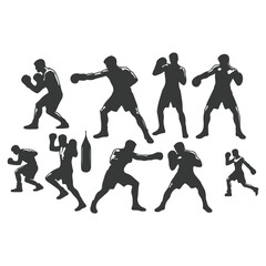 Man doing boxing moves exercise. Jab Cross Hook and Uppercut movement. Shadow boxing. Flat vector illustration isolated on white background, Boxing Silhouettes 