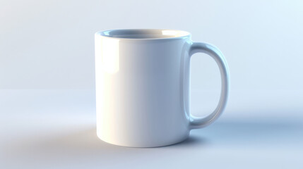 Fototapeta premium A 3D rendered white ceramic mug, tilted slightly, centered against a gradient light blue to white background