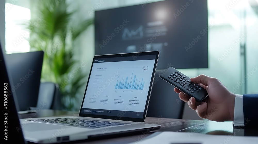 Aufkleber Businessman hand hold remote control slide with mock up chart slide show presentation on display laptop and television in meeting room : Generative AI
