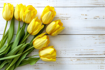 Yellow Tulips Arranged on White Wooden Background for a Fresh and Rustic Spring Decor  Copyspace