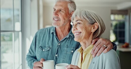 Cheers, hug and mature couple with coffee on weekend for relaxing, bonding and time together. Happy, love and senior man and woman embracing with cappuccino for toast to marriage in morning at home. - Powered by Adobe