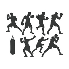 Man doing boxing moves exercise. Jab Cross Hook and Uppercut movement. Shadow boxing. Flat vector illustration isolated on white background, Boxing Silhouettes 