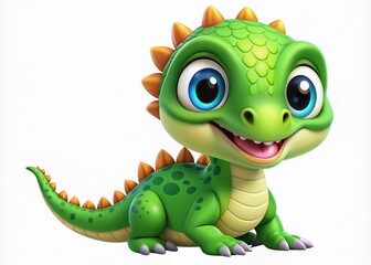 Fototapeta premium Adorable baby dinosaur cartoon character with bright green scales, big eyes, and a cheeky grin, showcasing a playful and curious personality in a playful pose.