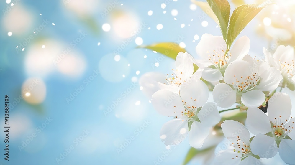 Poster white cherry tree blossoms in spring garden background blue sky and bokeh free space for your design