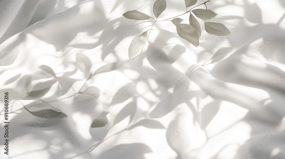 Poster shadow leaves overlay on white cotton bed sheetnatural sunlight shining through window on abstract w