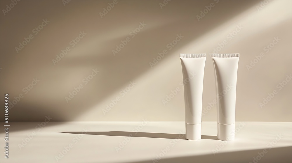 Aufkleber Two white skincare tubes are cast in soft shadows on a beige surfacecreating an elegant and minimalistic cosmetic presentation : Generative AI
