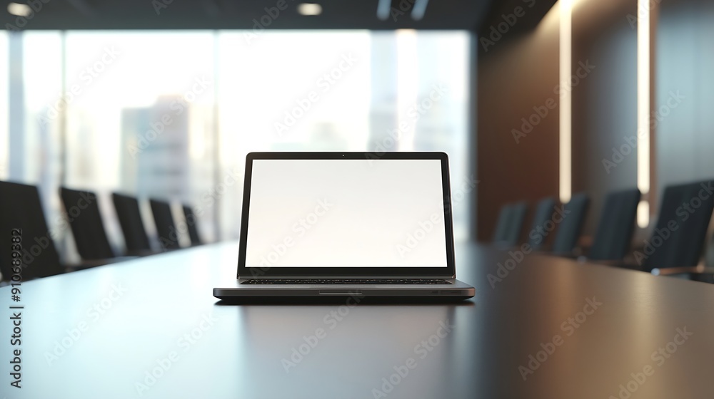 Poster laptop display blank on table in meeting room : generative ai