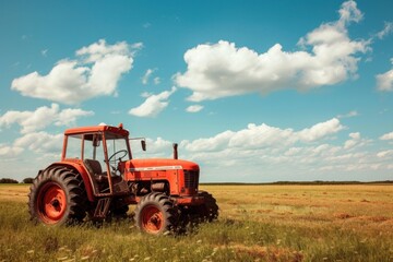 Red tractor in a field on a sunny day outdoors vehicle nature.