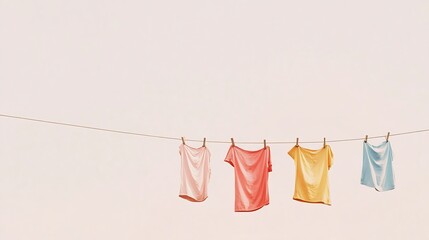 Different clothes drying on laundry line against light background : Generative AI