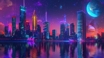 Neon Cityscape Under a Starry Sky