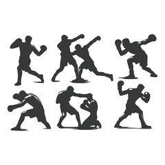 Man doing boxing moves exercise. Jab Cross Hook and Uppercut movement. Shadow boxing. Flat vector illustration isolated on white background, Boxing Silhouettes 
