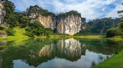 Mirror lake in Ipoh Perak Malaysia The lake surrounded by limestone mountains with almost vertical slope and covered by greeneries : Generative AI