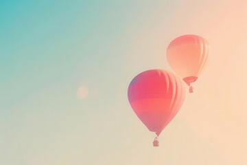 Hot air balloons floating close up, focus on, copy space with soft watercolor tones Double exposure silhouette with blue sky