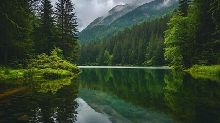 Lake landscape in green forest Beautiful nature landscape among green mountains lake view and green trees in mountain forest in summer Stunning nature scenery in jungle nature travel i : Generative AI