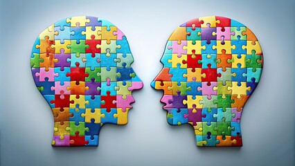 Two interconnected heads made of jigsaw puzzles symbolizing mental activity and problem solving