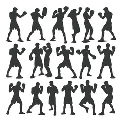 Man doing boxing moves exercise. Jab Cross Hook and Uppercut movement. Shadow boxing. Flat vector illustration isolated on white background, Boxing Silhouettes 