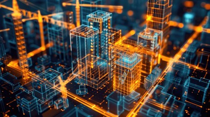 A Wireframe Model of a Futuristic Cityscape with Glowing Lines