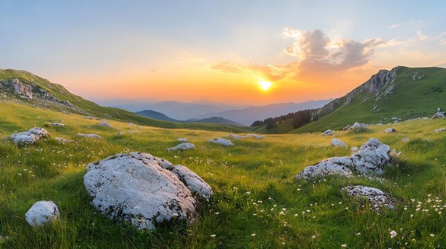 Panorama of green meadow with rocks and rocky mountains in romanian mountains in muntii ciucas with setting sun : Generative AI