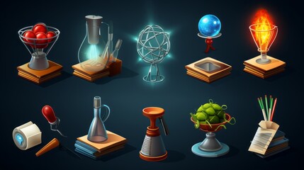 3d render vector set of school science and education icons including microscope, atom, virus, test tube, books, brain, light bulb, and graduation cap for academic learning and research illustrations


