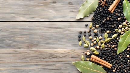 A variety of spices and herbs are spread out on a wooden surface. The spices include black pepper, red pepper, and green pepper. Concept of abundance and variety