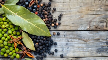 A variety of spices and herbs are spread out on a wooden surface. The spices include black pepper, red pepper, and green pepper. Concept of abundance and variety