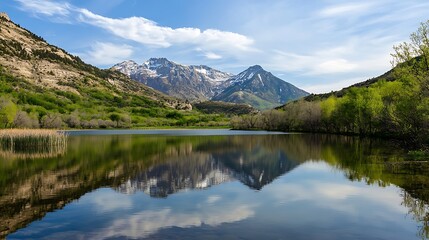 Lake surrounded by Mountains and Trees in Amercian Landscape Spring Season Mirror Lake Hanna Utah United States Nature Background Panorama : Generative AI