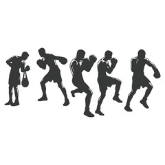Man doing boxing moves exercise. Jab Cross Hook and Uppercut movement. Shadow boxing. Flat vector illustration isolated on white background, Boxing Silhouettes 