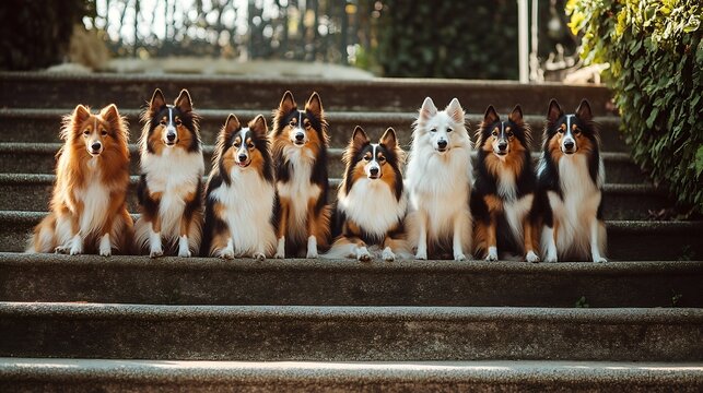 Nice group of beautiful purebred sheltand sheepdogs sheltie sitting outside on the private house stairs Attentive tricolor and sable white little collie lassie dogs outdoors on summer  : Generative AI