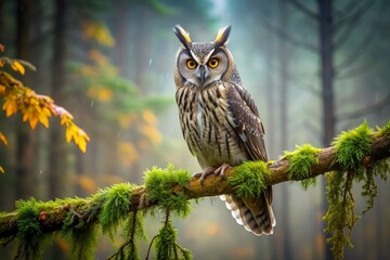 Obraz premium A serene and majestic long-eared owl perches on a moss-covered tree branch, its piercing yellow eyes and wispy feathers set against a misty forest backdrop.