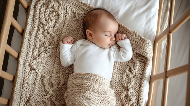 Newborn baby in hospital room New born child in wooden cosleeper crib Infant sleeping in bedside bassinet Safe cosleeping in a bed side cot Little boy taking a nap under knitted blanke : Generative AI
