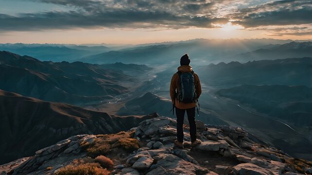 Photographer standing atop a mountain capturing pano