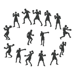 Man doing boxing moves exercise. Jab Cross Hook and Uppercut movement. Shadow boxing. Flat vector illustration isolated on white background, Boxing Silhouettes 