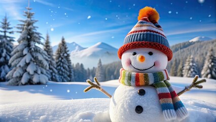 Cheerful snowman with a carrot nose and winter attire in a snowy landscape, festive, holiday, joyful, winter, cold, cute
