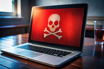 A ominous computer screen displays a threatening ransomware warning message featuring a skull icon, urging immediate attention to prevent critical data loss and system compromise.