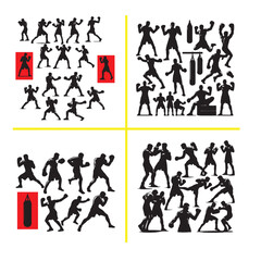 Man doing boxing moves exercise. Jab Cross Hook and Uppercut movement. Shadow boxing. Flat vector illustration isolated on white background, Boxing Silhouettes 