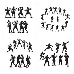 Man doing boxing moves exercise. Jab Cross Hook and Uppercut movement. Shadow boxing. Flat vector illustration isolated on white background, Boxing Silhouettes 