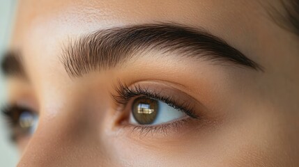 Fototapeta premium Girl eyebrows post-plucking and trimming, awaiting permanent makeup. Clear background, ideal for beauty ads. Space for text.