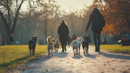 Group of dog walkers working together outside with dogs : Generative AI