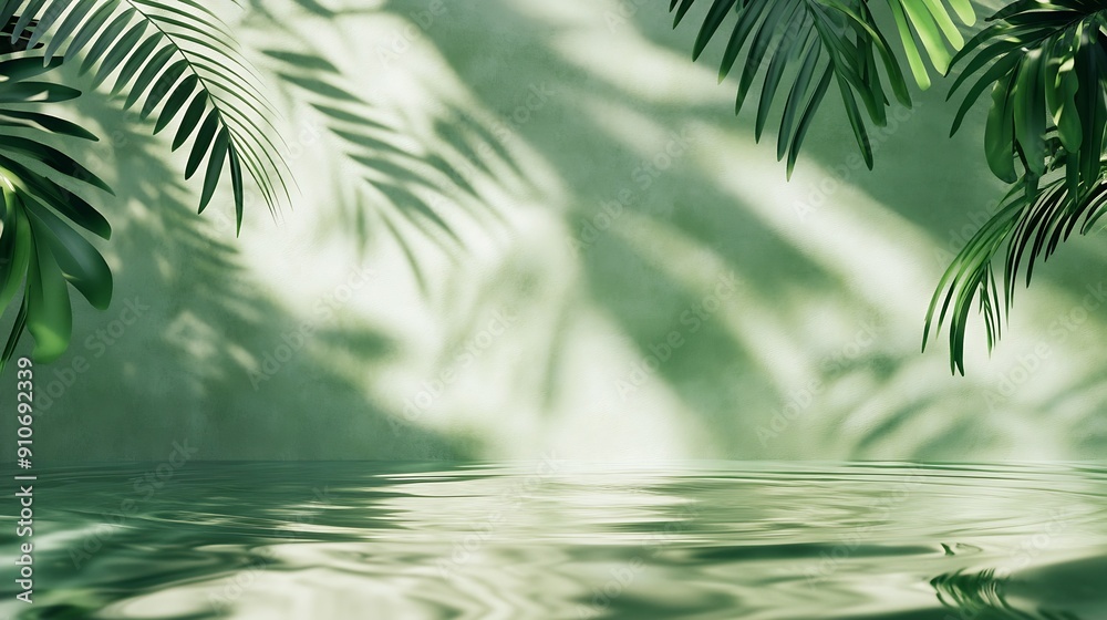 Poster summer background water surface texture on green wall studio with light shadow palm leavesbackdrop p