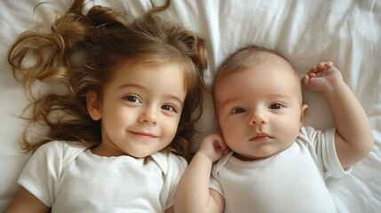 Top view of wavy haired little girl enjoying time spending with her newborn brother child looking at infant baby while playing with him on white soft sheet : Generative AI