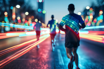 Runners in Motion at Night with Vibrant City Lights and Motion Blur Capturing the Energy of Urban Fitness